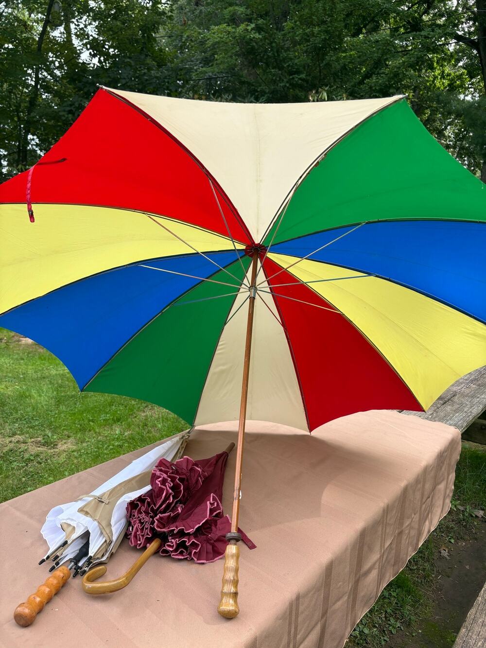 Vintage 1950s 60s P.K. Umbrella 100% Nylon USA Color Block Wood Handle